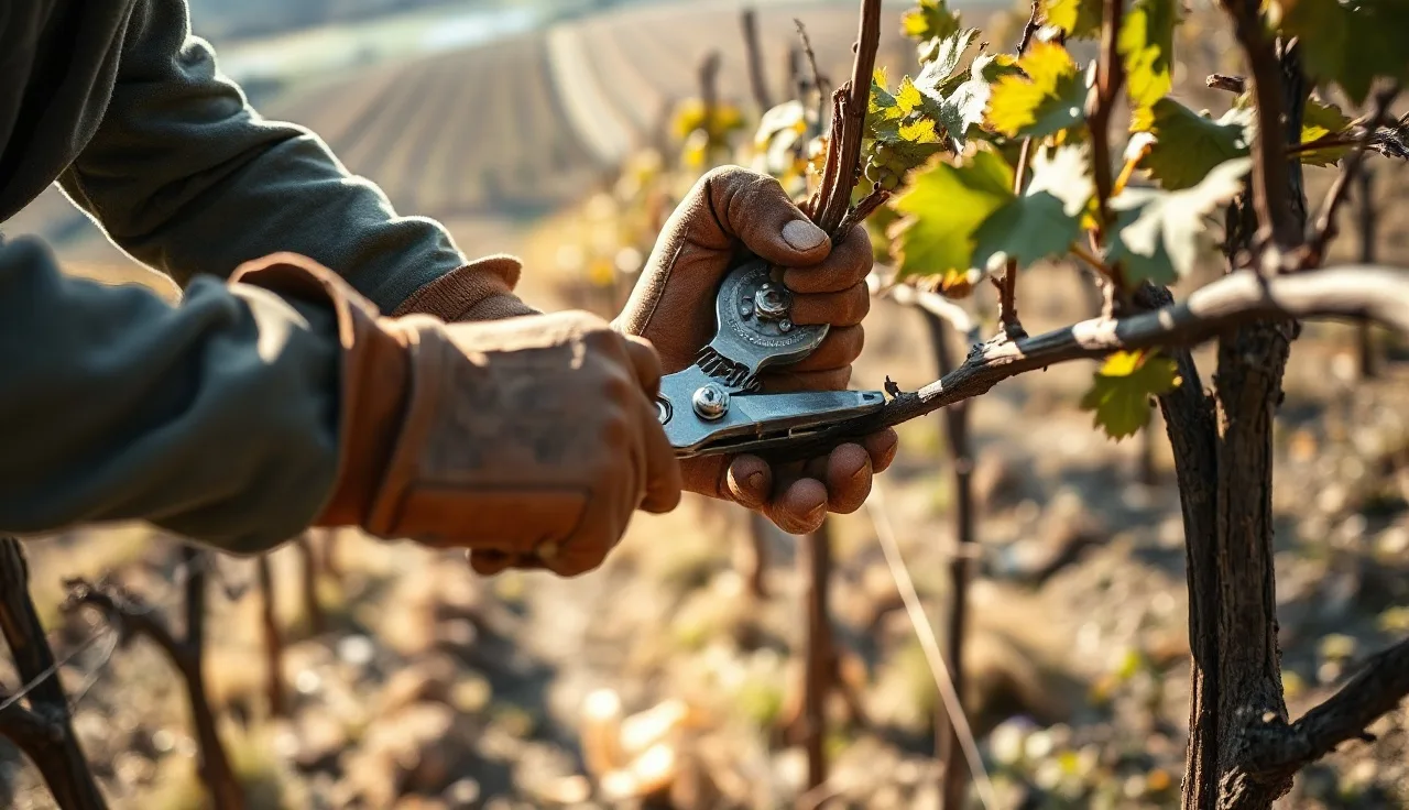 Vineyard worker pruning a dormant grape vine with bypass pruners in winter morning light