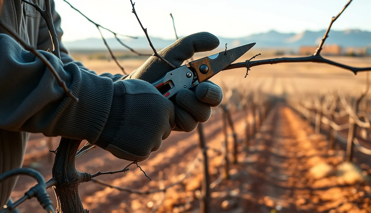 Vineyard worker pruning dormant grape vines in an Arizona high-desert vineyard at sunrise