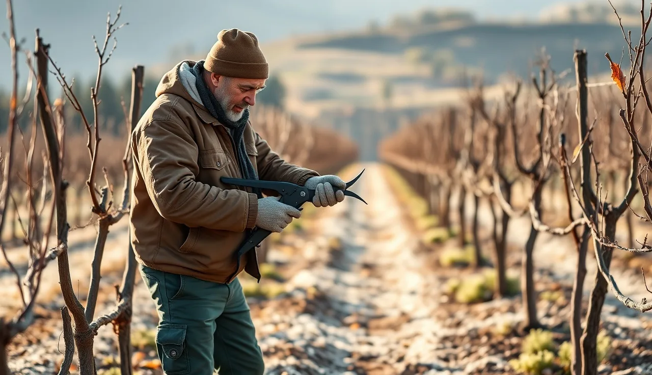 Vineyard worker pruning bare dormant grape vines in late autumn light