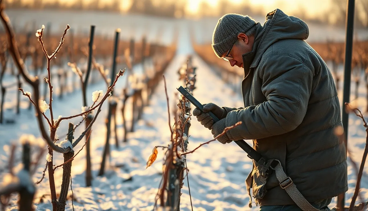 Vineyard worker pruning dormant grape vines in a snow-dusted Minnesota vineyard in late winter