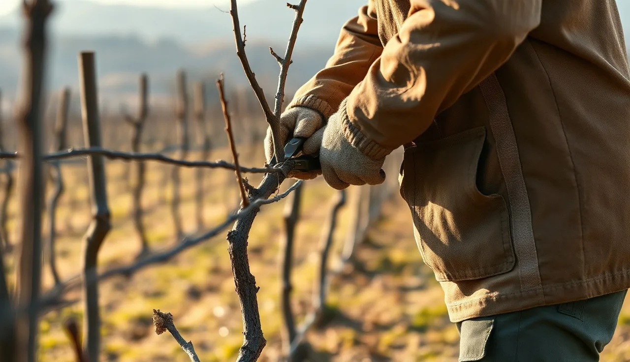 Vineyard worker pruning dormant grape vines on a winter morning in North Carolina