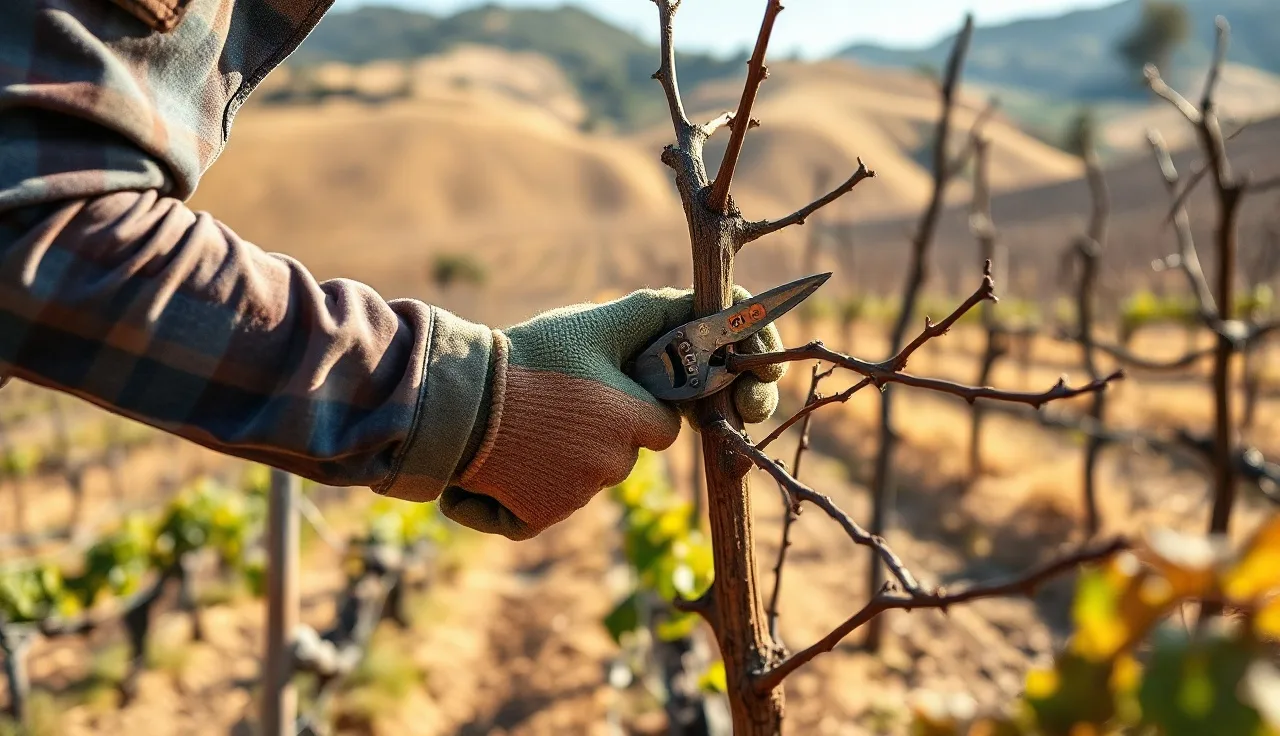 Vineyard worker pruning dormant grape vines on a Southern California hillside in winter