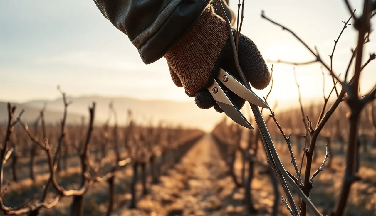 Vineyard worker hand-pruning dormant grapevines in early spring morning light