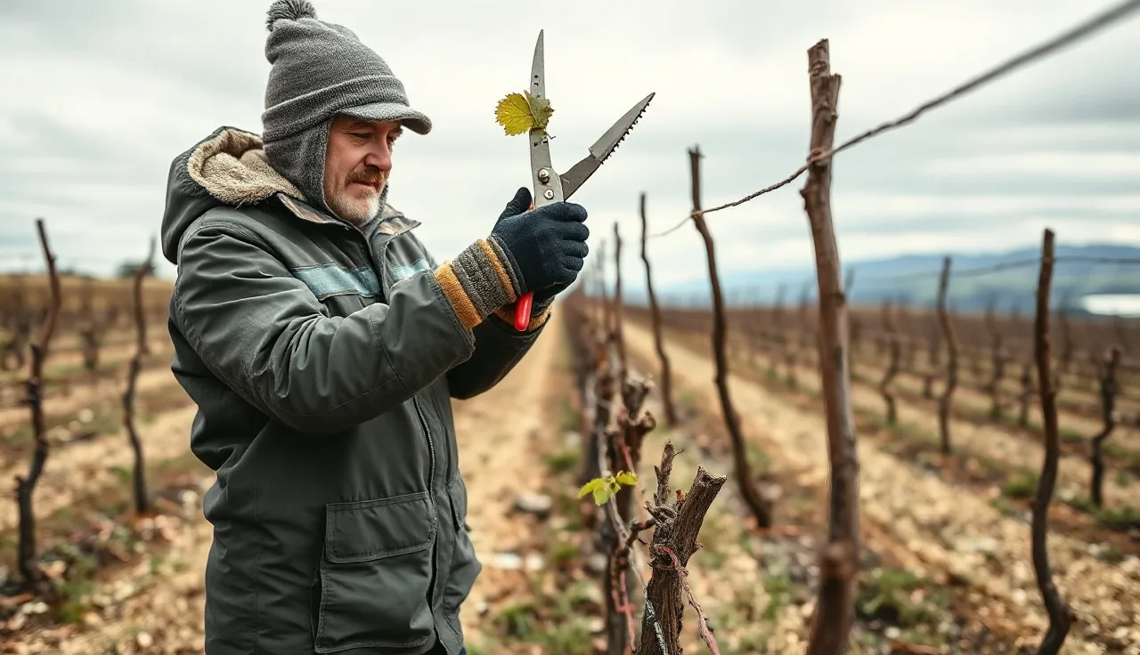 Vineyard worker hand-pruning dormant grapevines in a New Zealand vineyard in winter