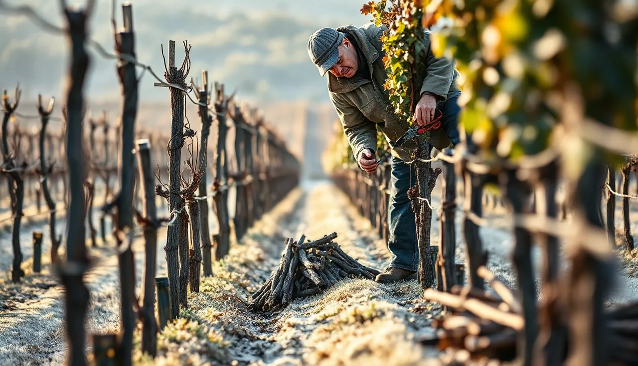 Vineyard worker pruning dormant grape vines on a wire trellis in winter