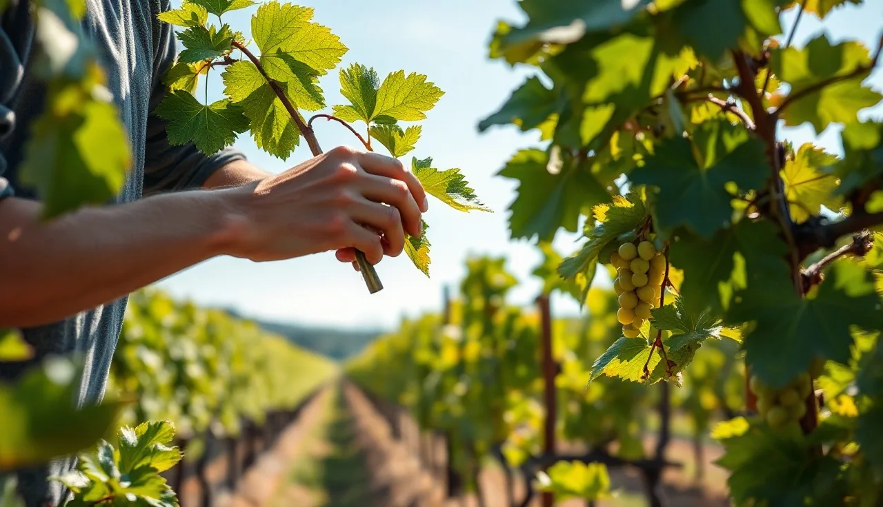 Vineyard worker removing leaves from fruit zone of grapevines carrying green clusters
