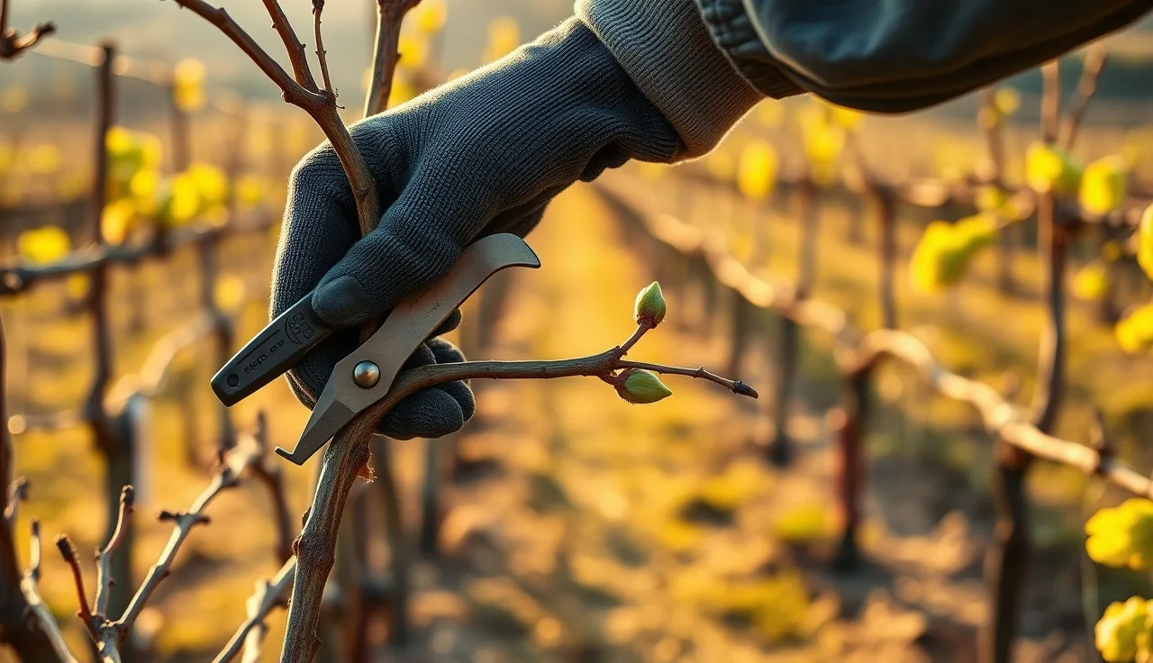 Gloved hands pruning a grapevine cane with swollen green buds after bud break