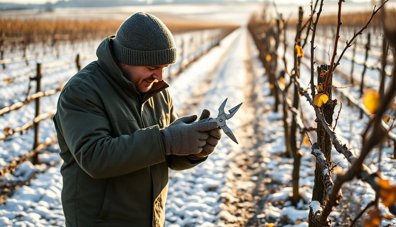 Grower pruning dormant Marquette grape vine cordon in winter vineyard rows