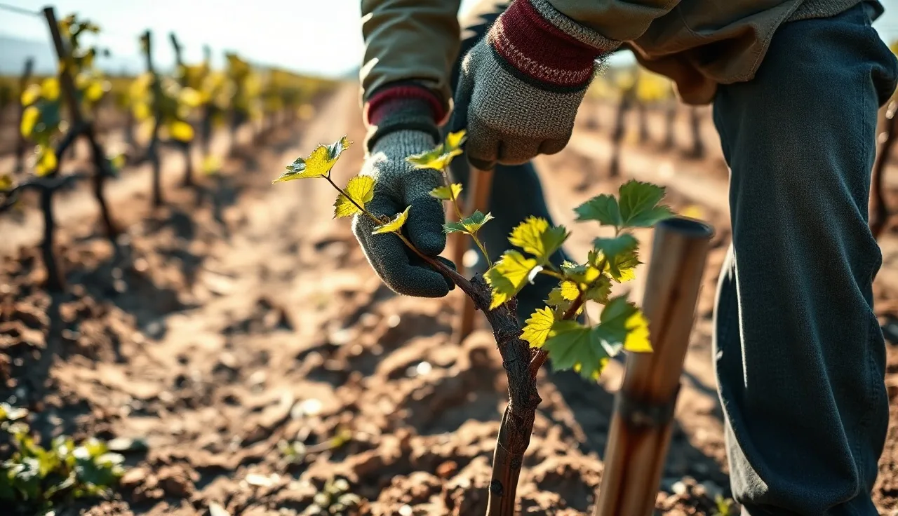 Vineyard worker pruning a young dormant grape vine in early spring