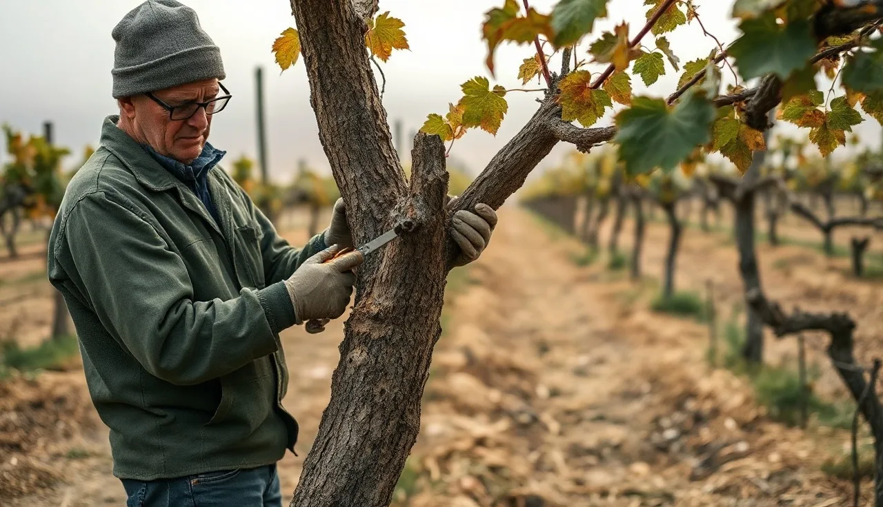 Vineyard worker pruning a gnarled old grapevine trunk in winter fog