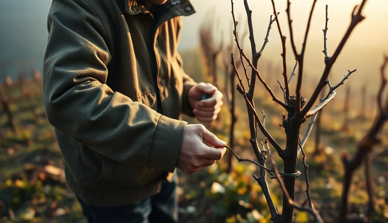 Worker pruning dormant pinot noir vines on a foggy winter morning in a hillside vineyard