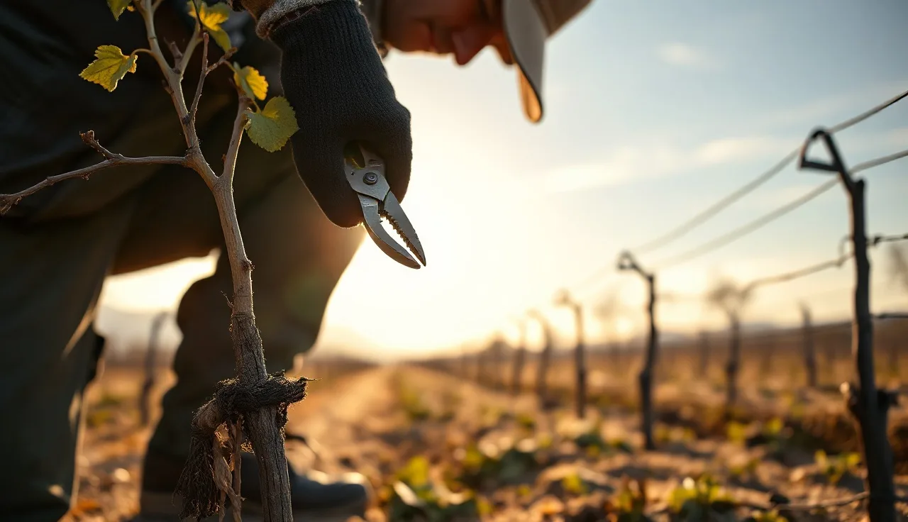 Vineyard worker hand pruning a dormant second year grape vine in winter