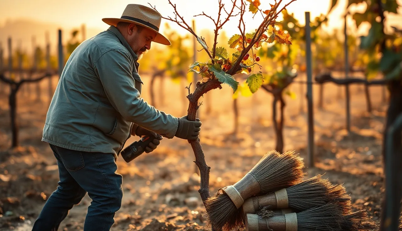 Vineyard worker pruning dormant table grape vines in winter morning light