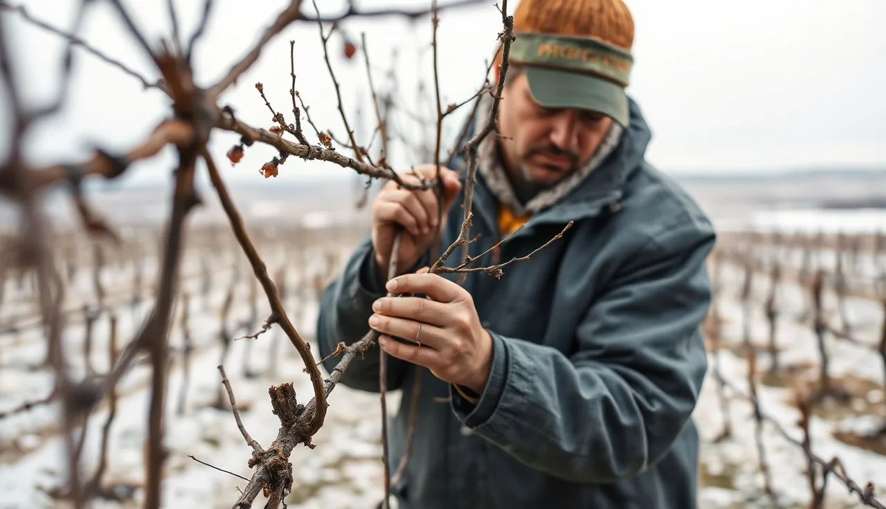 Vineyard worker pruning dormant Valiant grape vines on a frosty winter morning