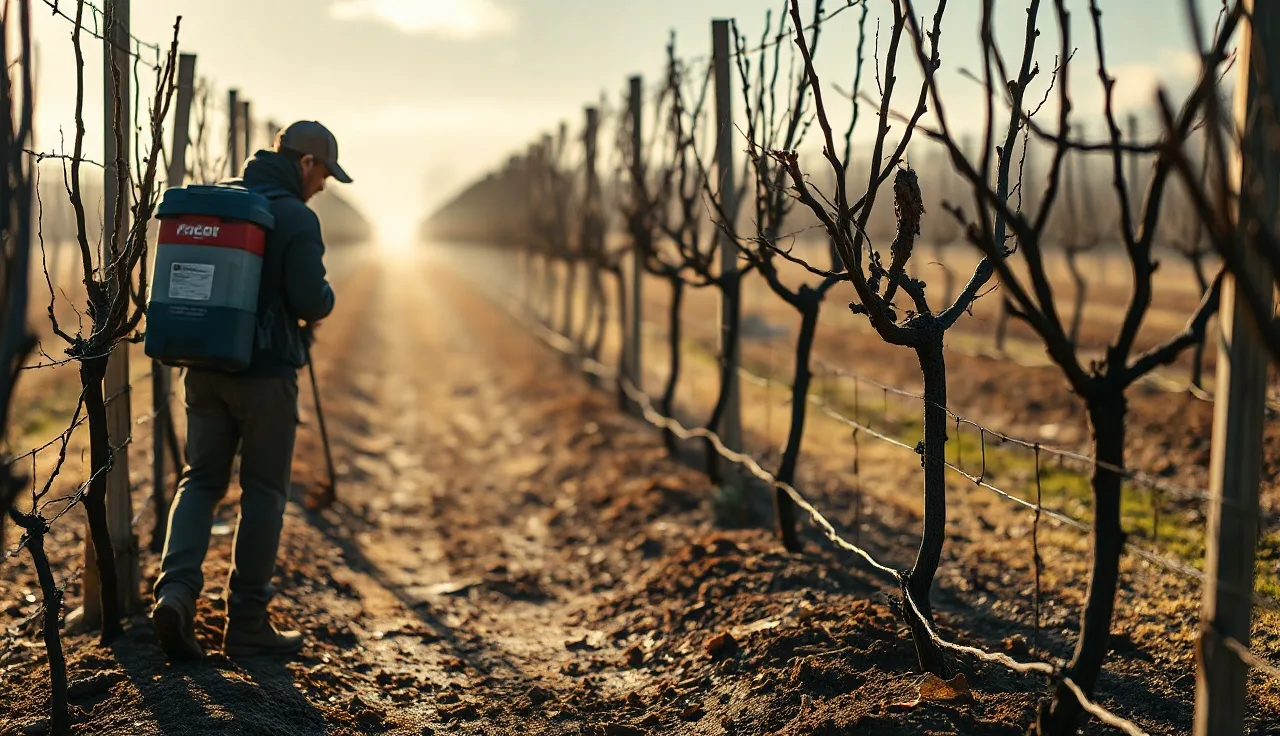 Vineyard worker applying pruning wound protectant spray to dormant grapevine cuts