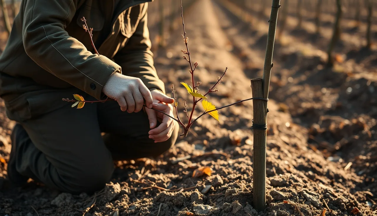 Vineyard worker pruning a dormant young grape vine tied to a bamboo stake in winter