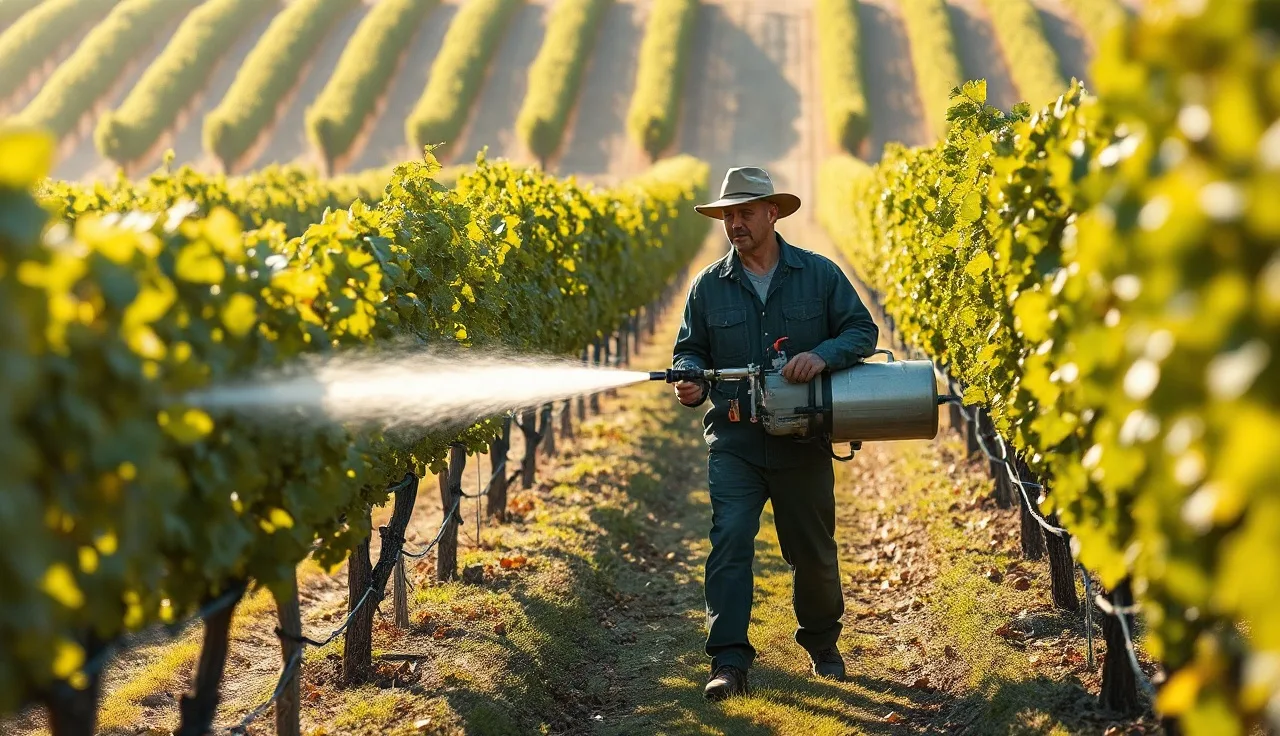 Air-blast sprayer applying mineral oil to grapevine rows at sunrise