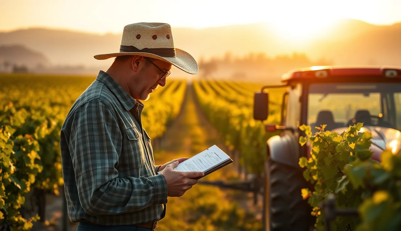Vineyard manager reviewing pesticide application records beside a field sprayer