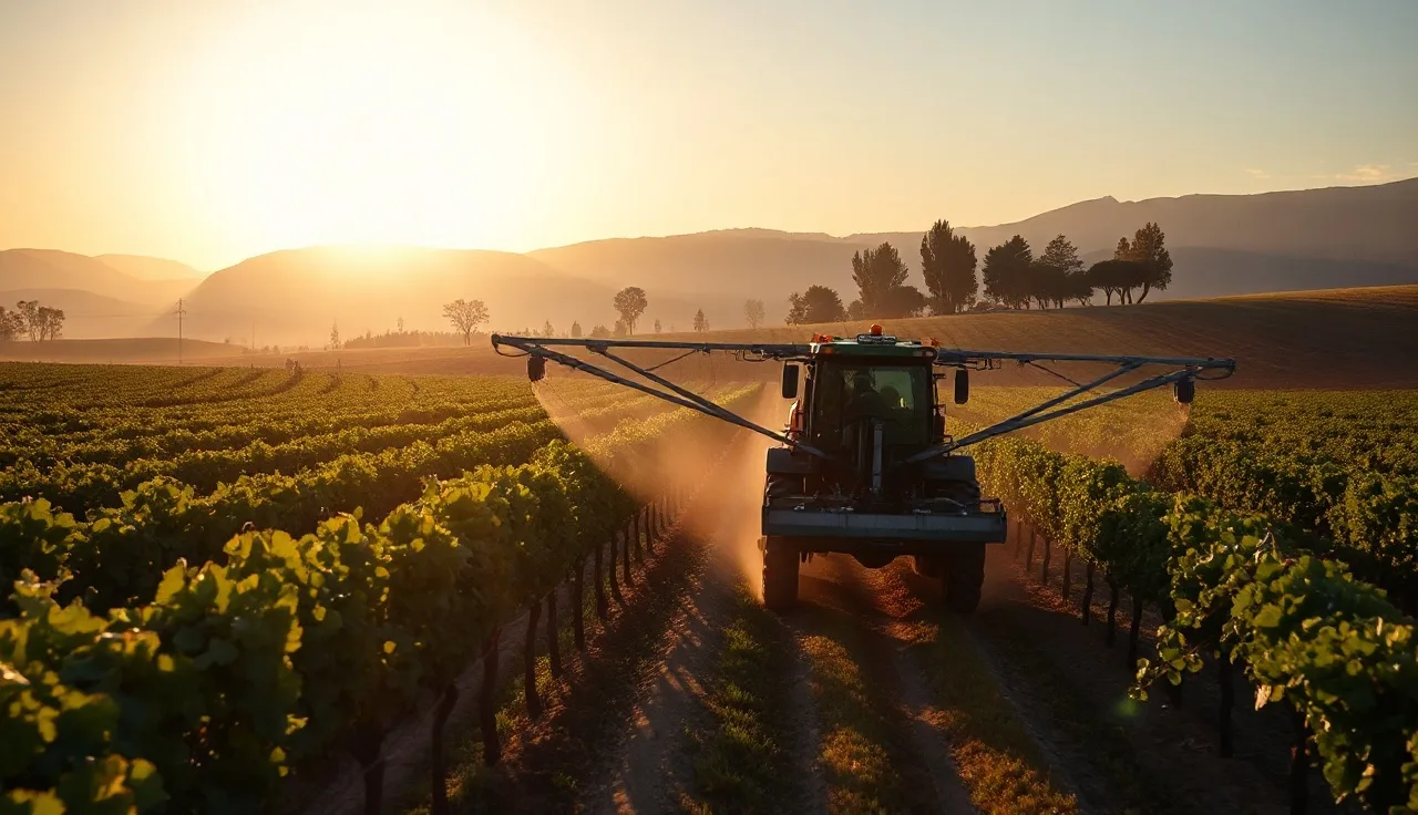 Airblast sprayer applying pesticide through grapevine rows at sunrise in a California vineyard