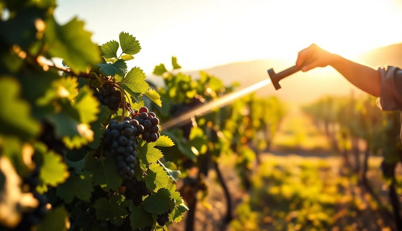 Vineyard worker adjusting airblast sprayer nozzle during early morning spray application on grapevines