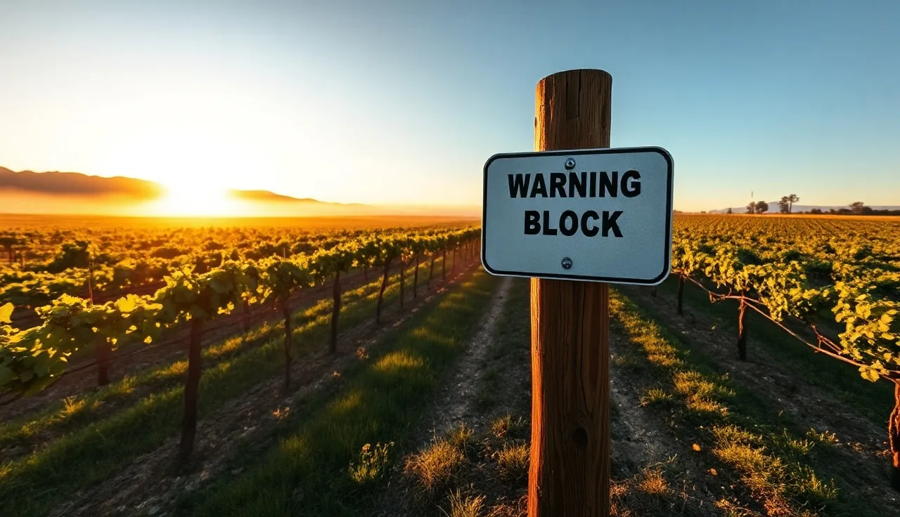 Vineyard block entrance at dawn with re-entry interval warning sign on wooden post