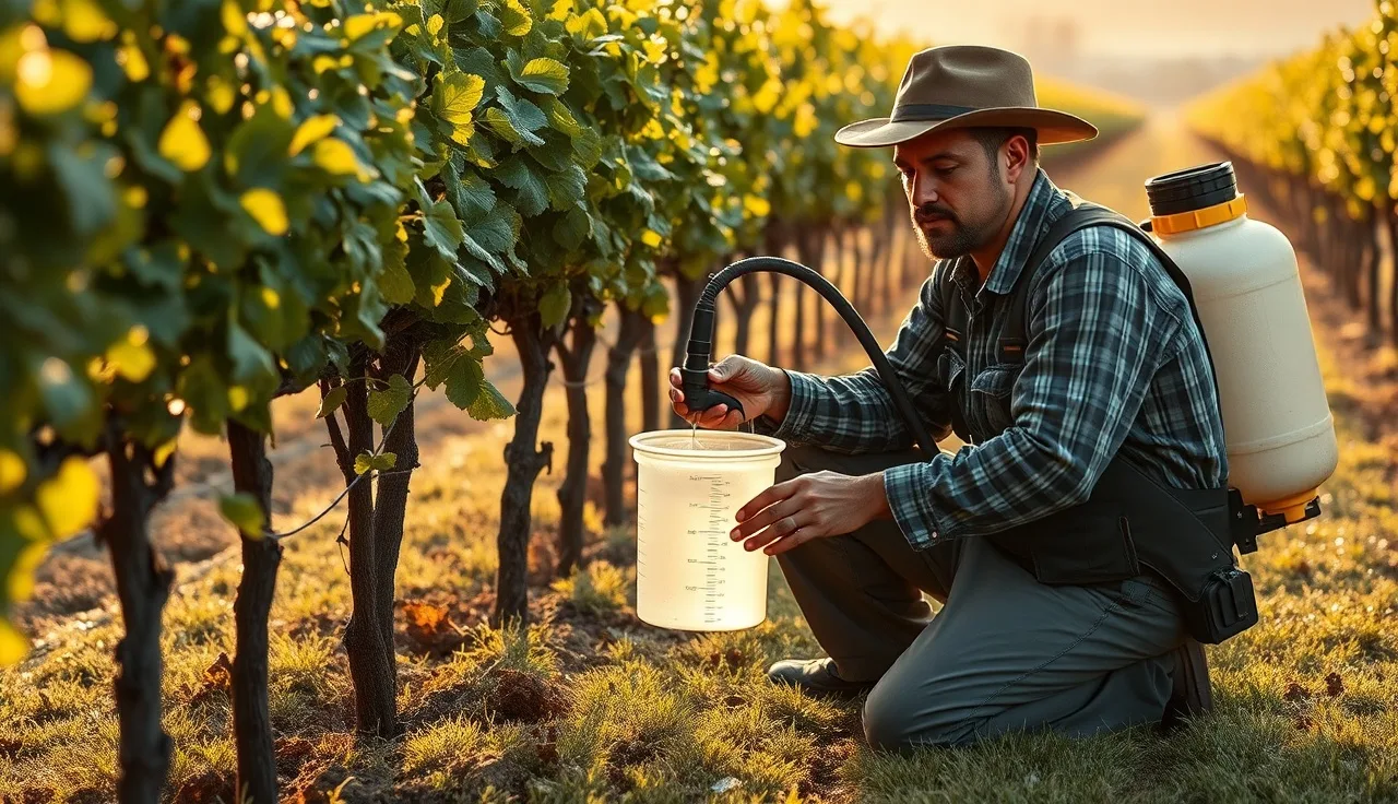 Worker collecting nozzle output in a catch cup during vineyard sprayer calibration