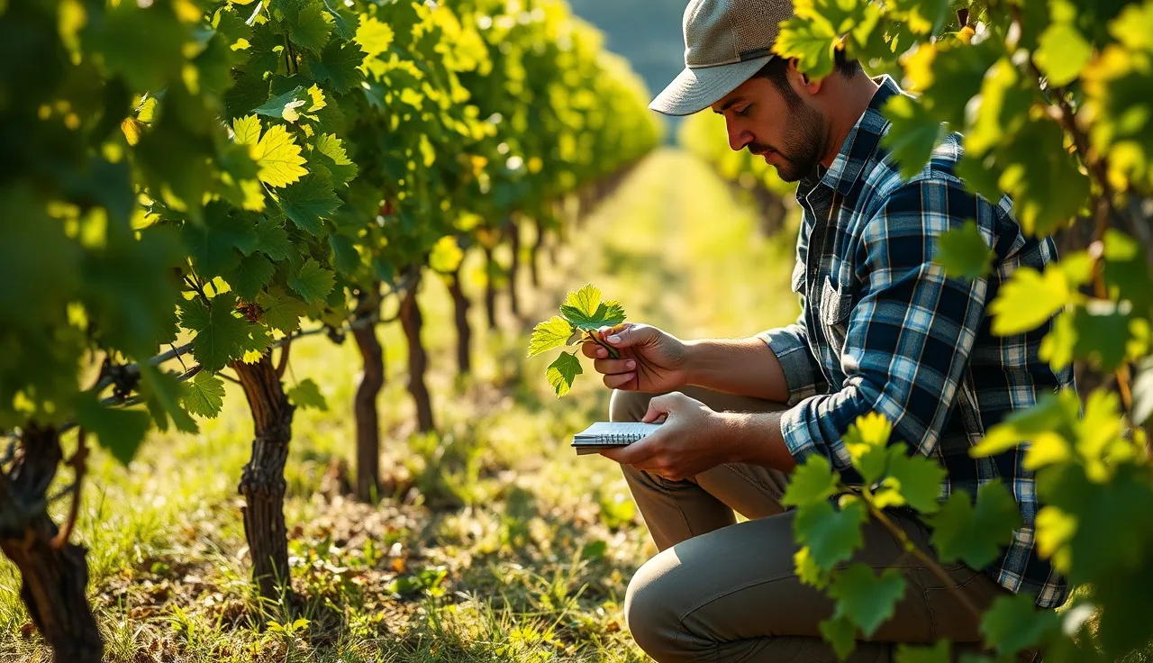 Vineyard worker examining grapevine leaves during disease scouting with a field notebook