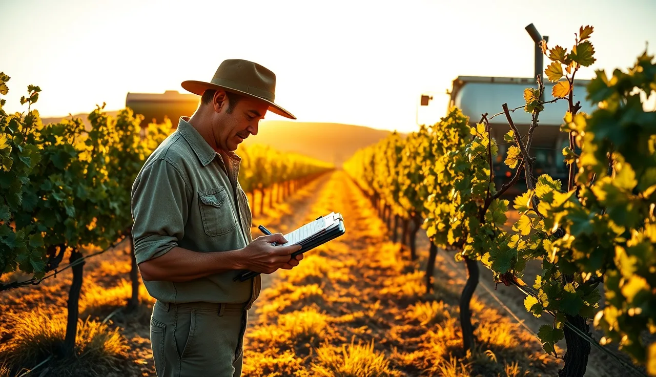 Vineyard worker recording fertilizer application data on clipboard between vine rows at sunset