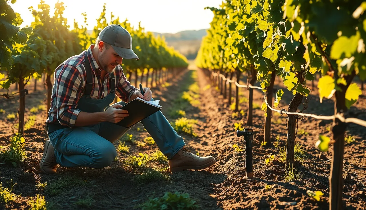 Vineyard worker logging irrigation depth data at a drip emitter in a vine row