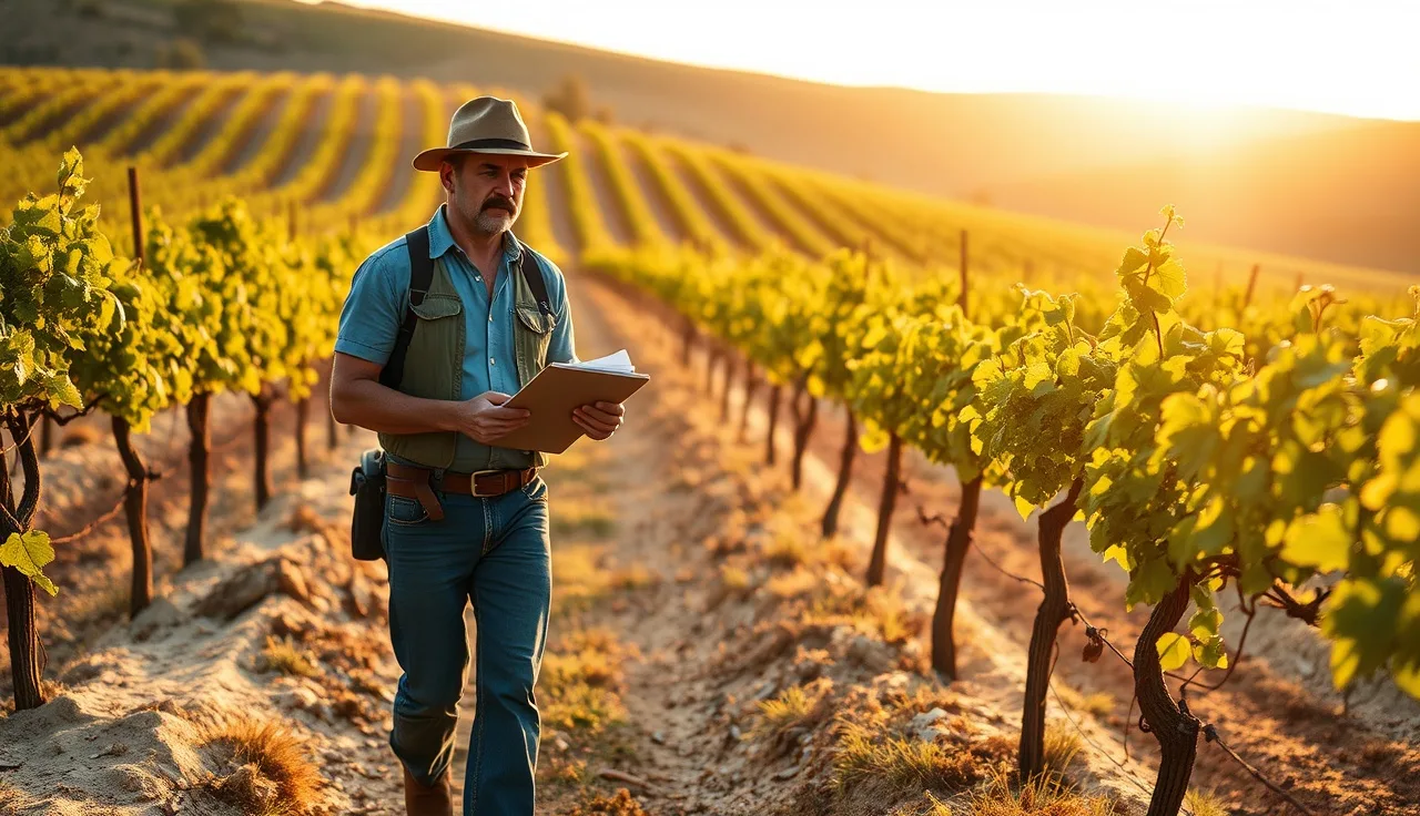 Vineyard worker inspecting white kaolin-coated grapevine clusters at sunrise