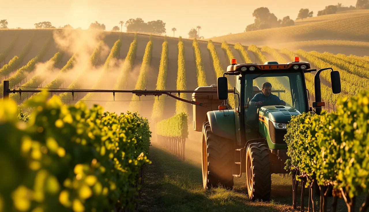 Tractor-mounted boom sprayer applying spray through vineyard rows at dawn