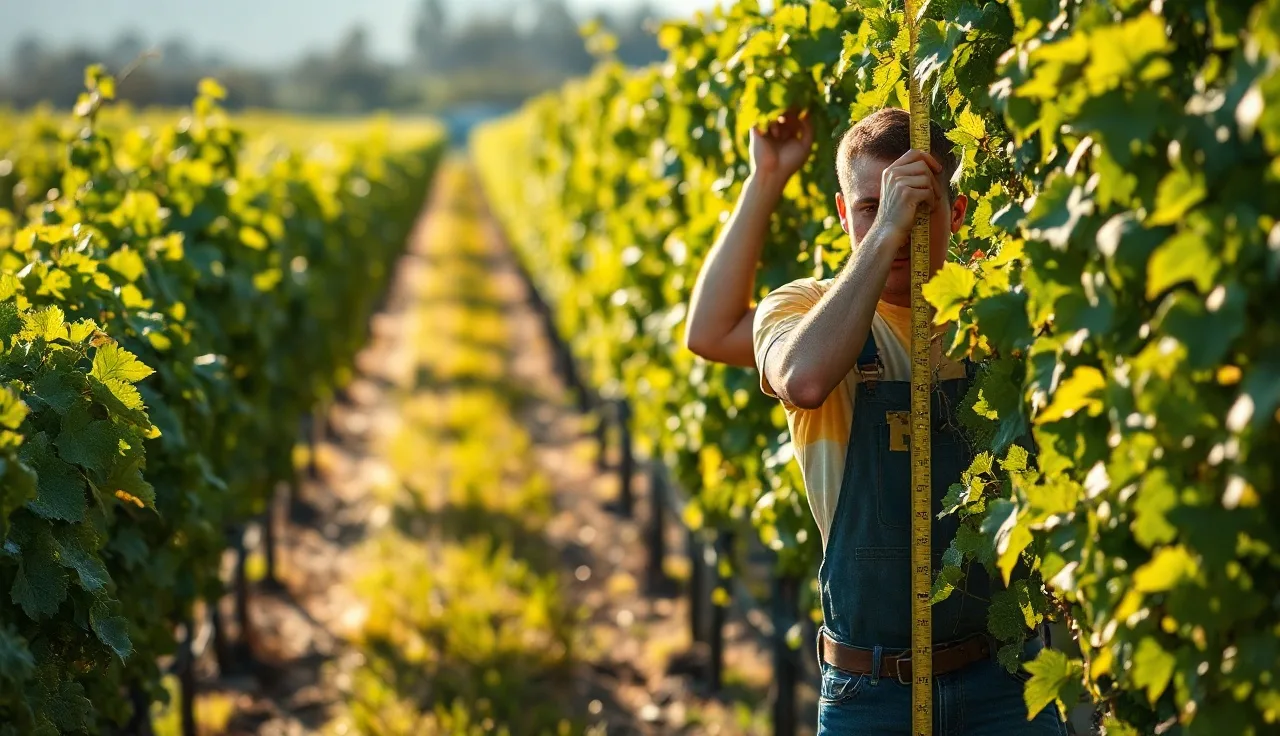 Vineyard worker measuring canopy height along a dense mature vine row