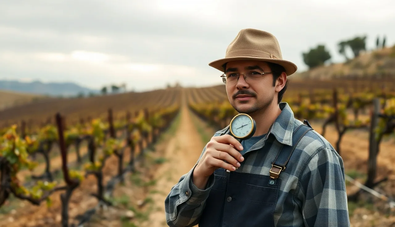 Vineyard applicator measuring wind speed with a handheld anemometer before spraying grapevines