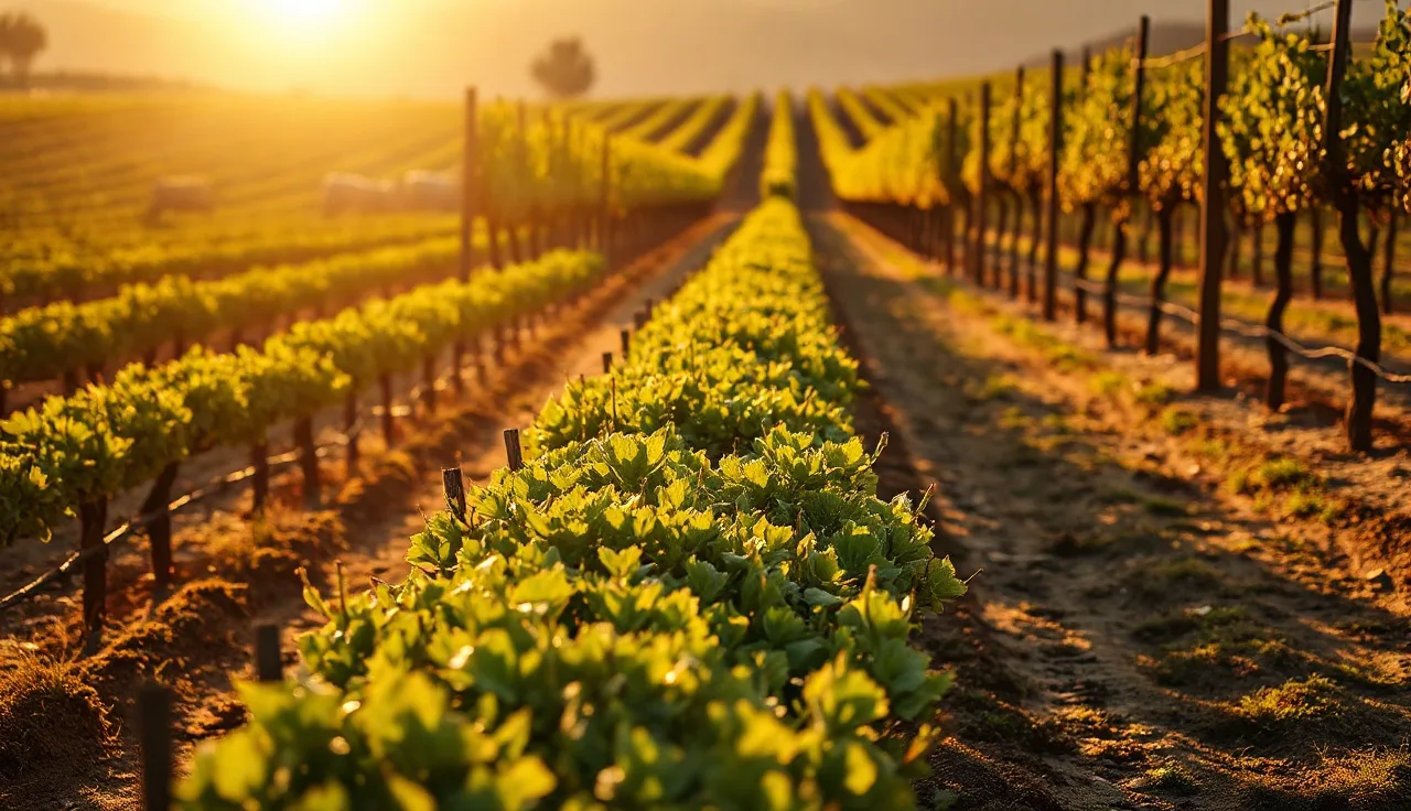 Sheep grazing between vine rows with green cover crop in a California vineyard