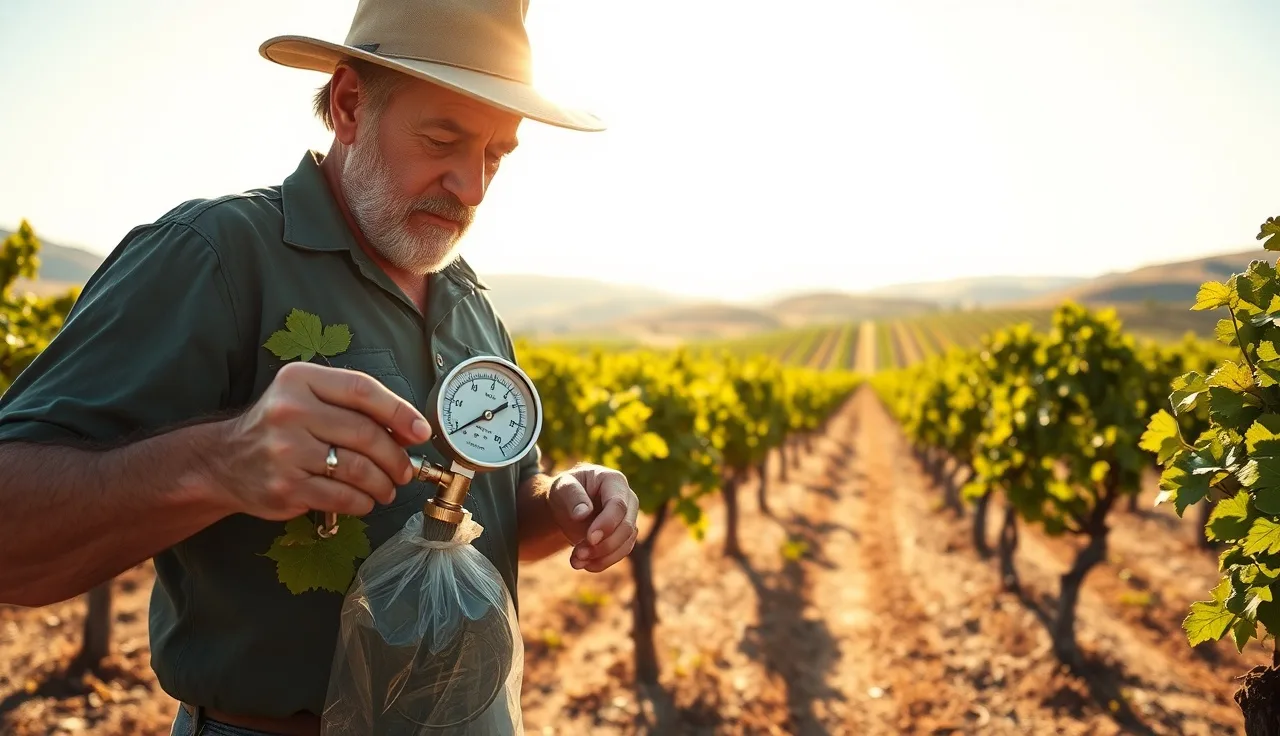 Vineyard worker measuring stem water potential in Zinfandel vines on a hot summer day