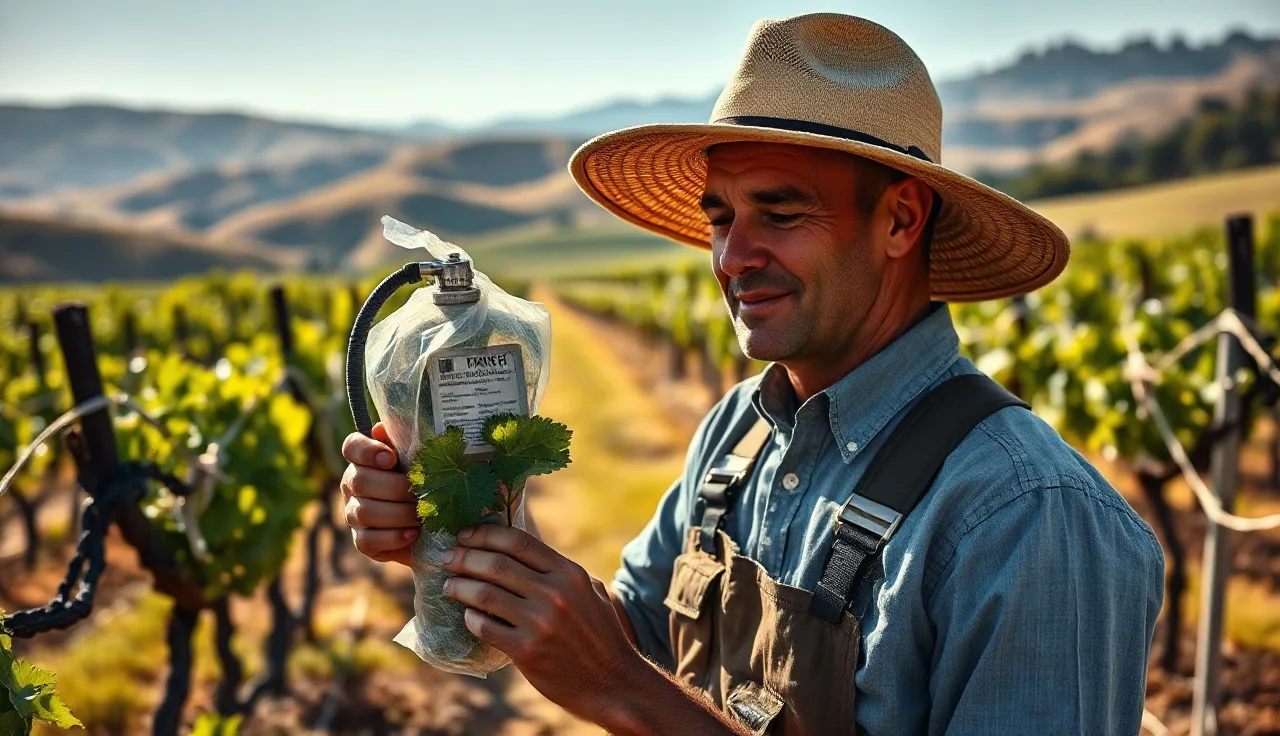 Vineyard worker using a pressure chamber to measure vine water stress at midday