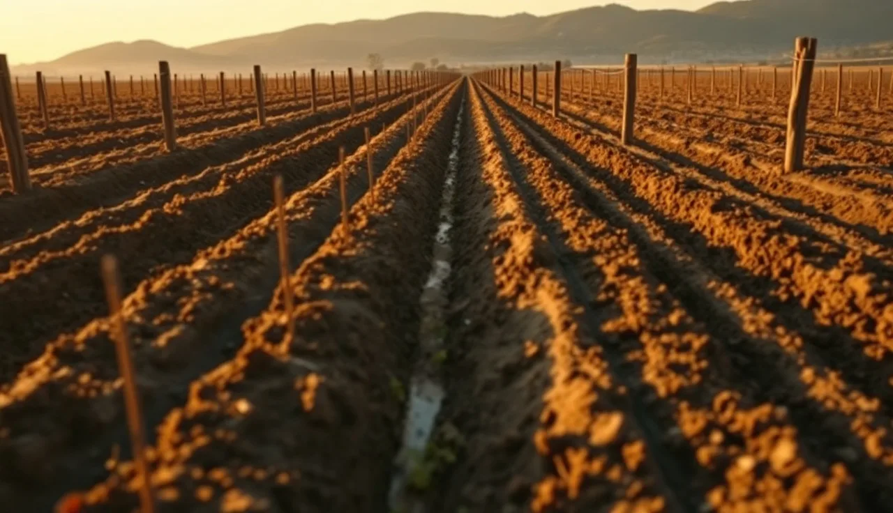 Freshly ripped vineyard block soil ready for replanting assessment at dawn