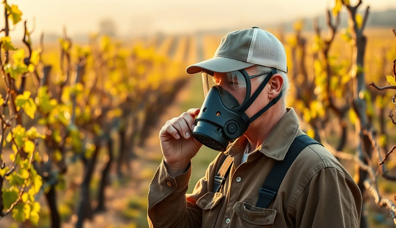 Vineyard applicator adjusting a respirator between vine rows at dawn