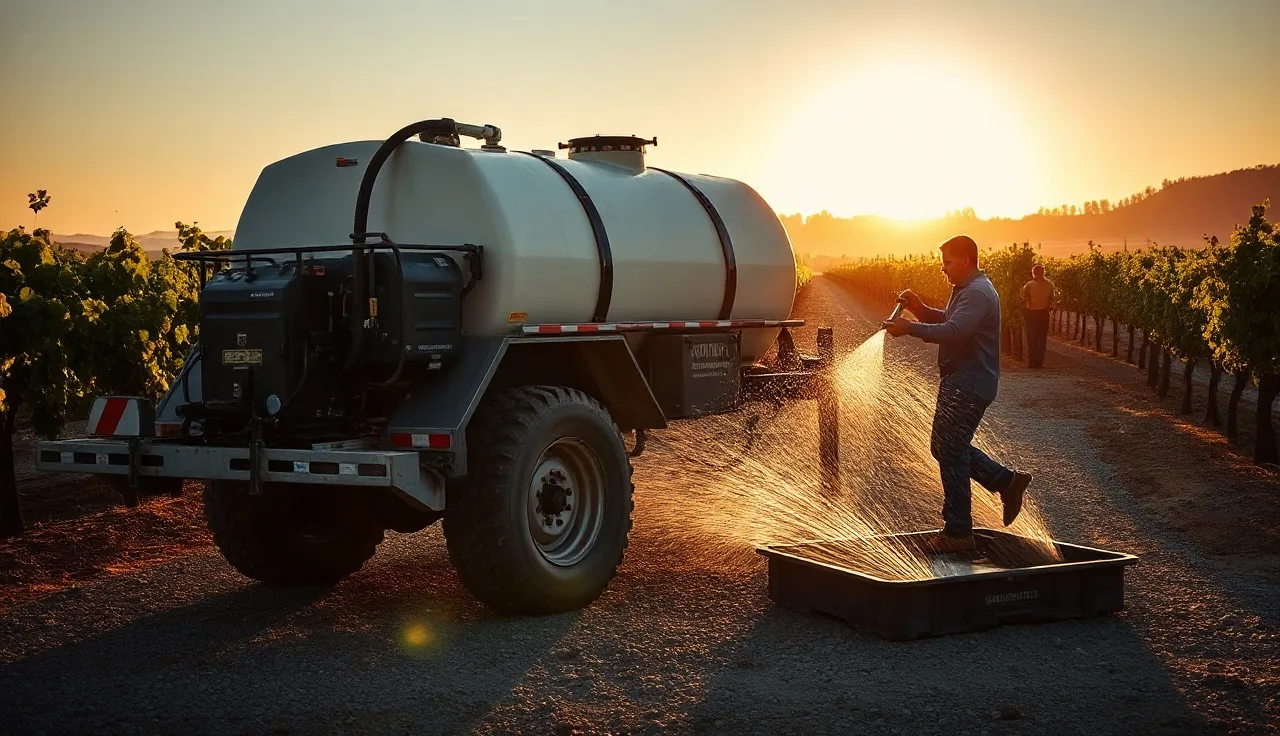 Vineyard worker triple-rinsing a sprayer tank into containment tray at end of vine rows