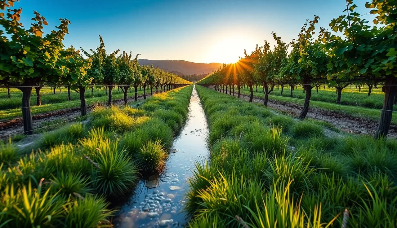 Vineyard rows ending at a grassy riparian buffer beside a shallow stream