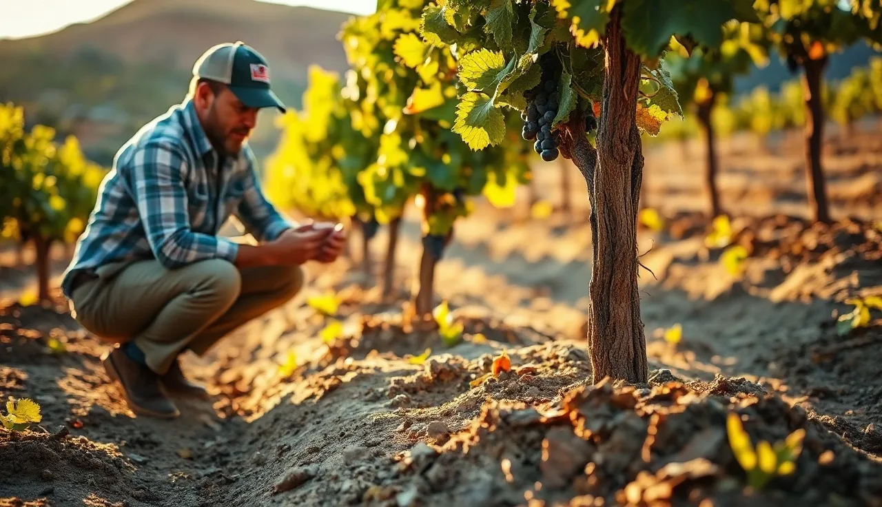 Vineyard manager examining grapevine rootstock at soil level in vine row