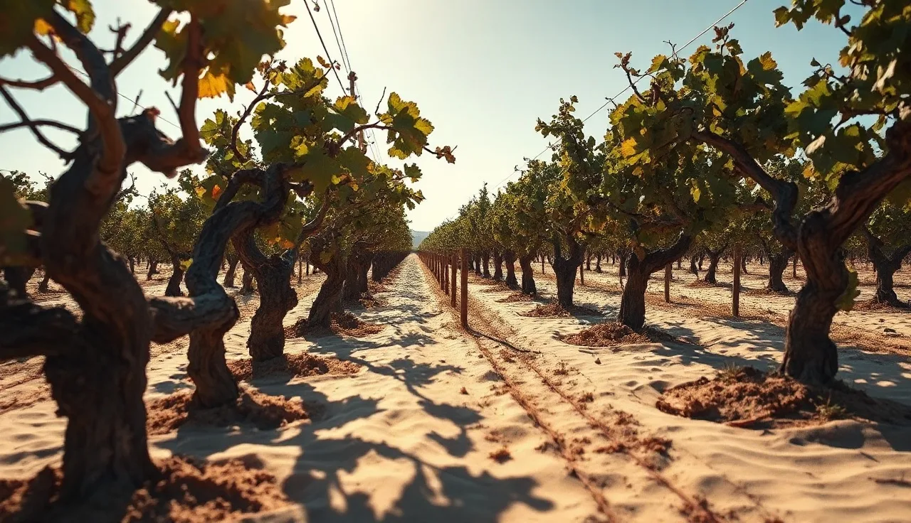 Old grapevines growing directly in pale sandy soil on a warm afternoon