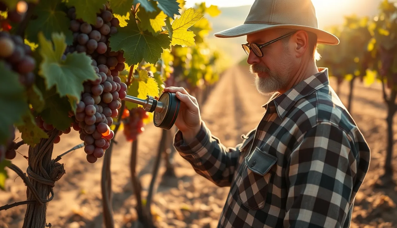 Vineyard worker using pressure chamber on red grape vine at veraison