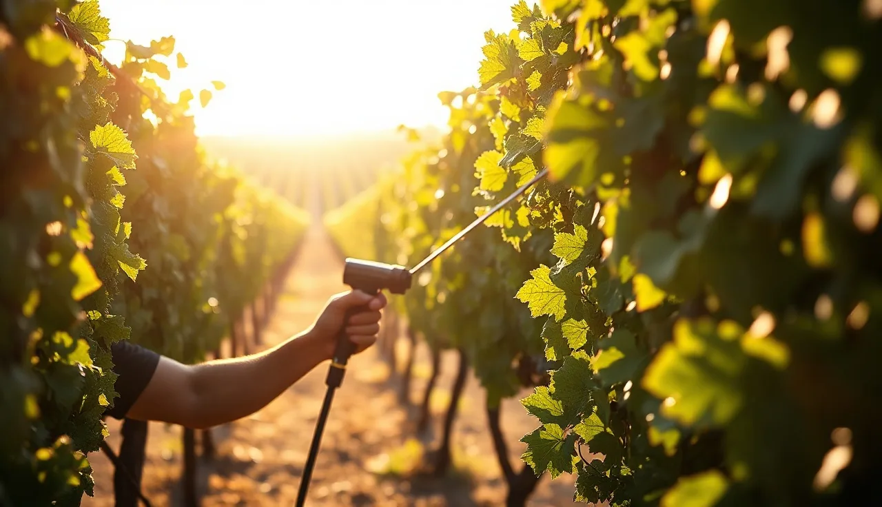Vineyard worker measuring vine water stress with pressure chamber among sunlit grape rows