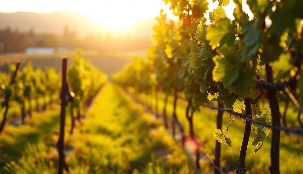 Scott Henry trellis row showing upward and downward shoot curtains on a vineyard cordon wire
