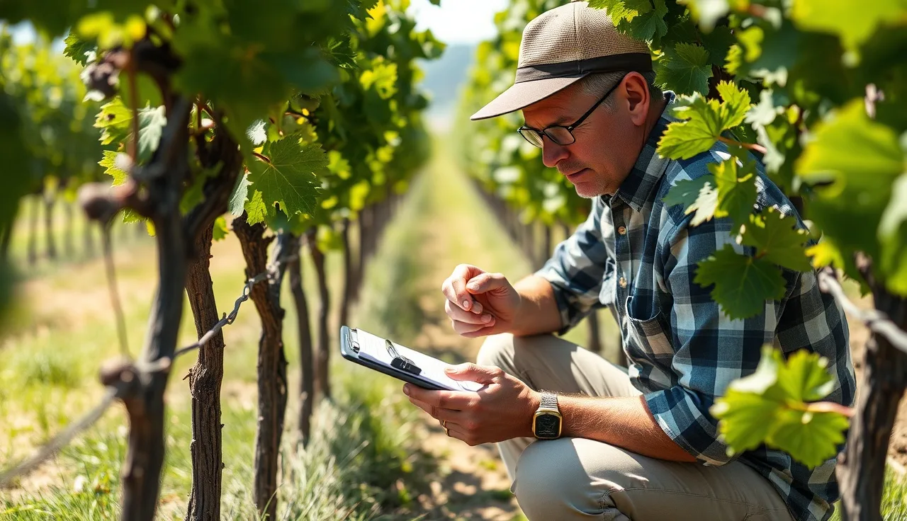 Vineyard scout examining grapevine leaves during pest scouting in a sunny block