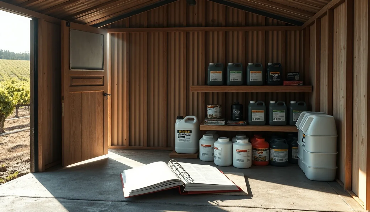 Open SDS binder on a wooden shelf inside a vineyard chemical storage shed