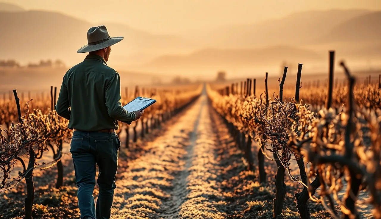 Vineyard worker documenting pest conditions in a dormant wine grape block at dawn