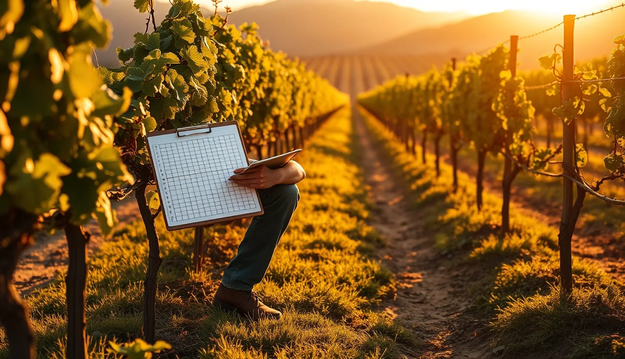 Vineyard manager reviewing hand-drawn block map beside trellised grapevine rows at dusk