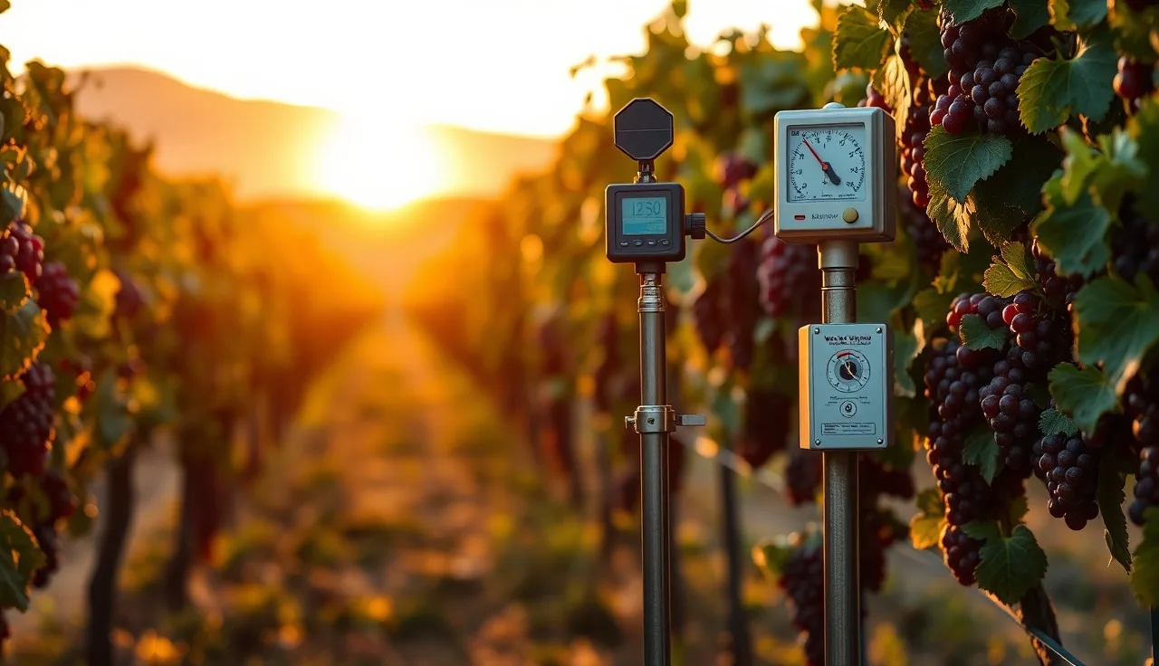 Vineyard weather station mounted between vine rows with ripening grape clusters nearby